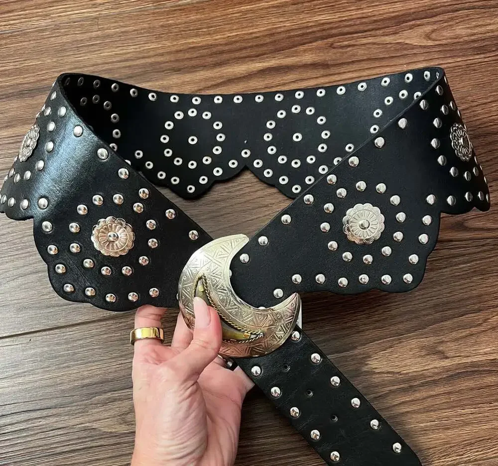 Free People Studded Crescent Moon Buckle Belt Black